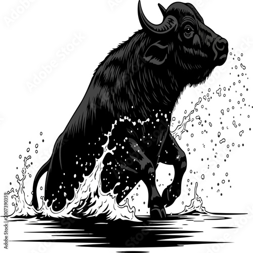 фотографія angry mythical water buffalo charging through stormy waves vector illustration