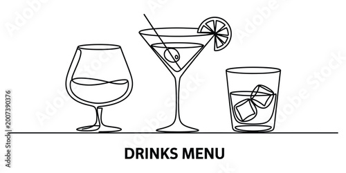 Bilde på lerret Continuous line art of different alcoholic drinks for a bar menu