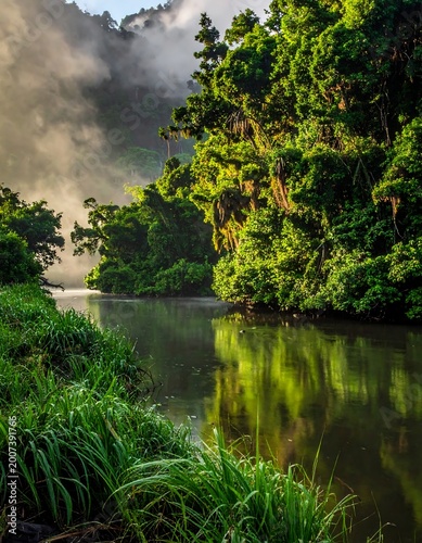 Lush green river valley bathed in ethereal morning mist and sunlight