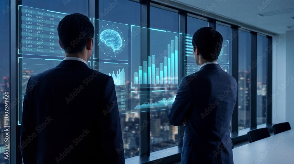 Fototapeta premium Businessmen analyzing futuristic data interface in night office