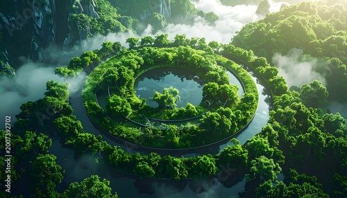 Lush green spiral garden with tranquil water and misty mountains