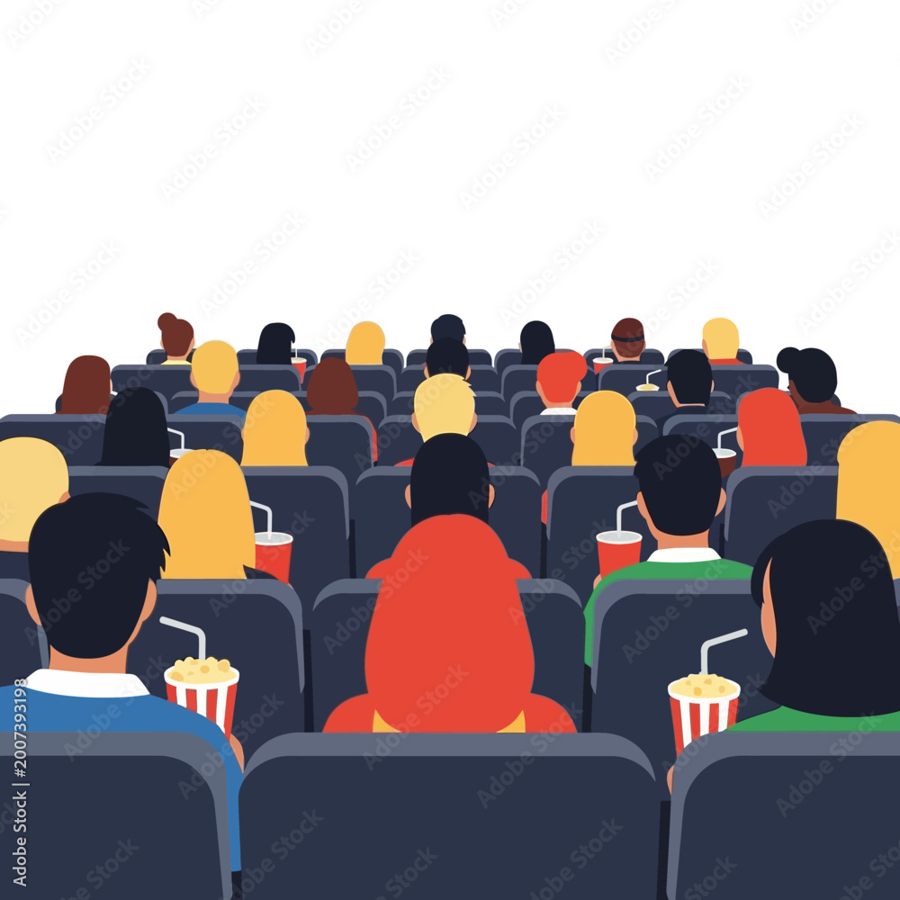 Obraz premium Audience watching movie in cinema, sitting in dark theater, popcorn and drinks