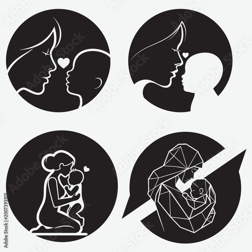 Circular and silhouette depicting a mother and child sharing intimate moments