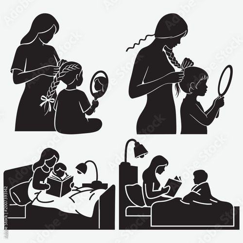 Silhouette of a mother braiding her daughter hair and reading bedtime stories to child