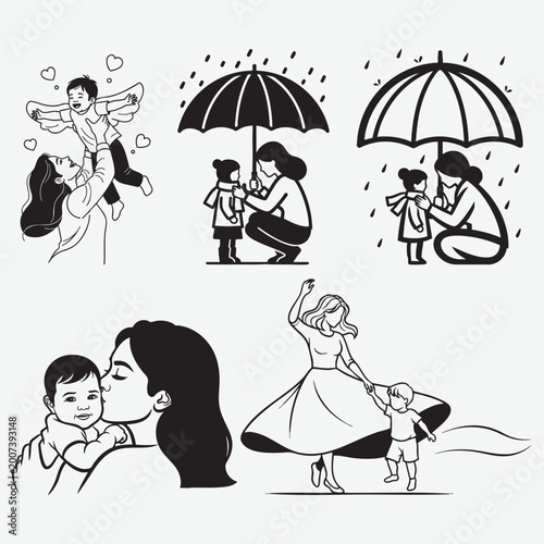 Set of and showing a mother and child in various daily life activities