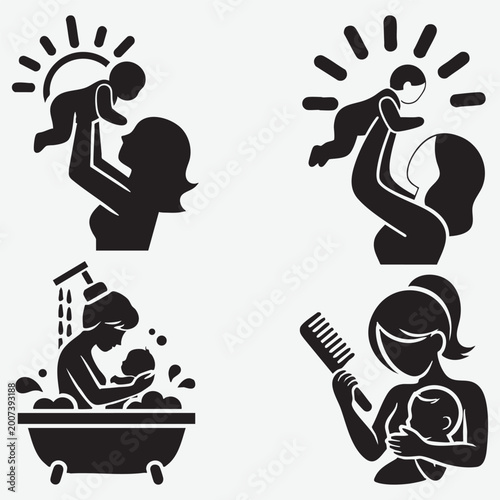 Silhouette of mothers playing with babies, bathing and combing their hair baby