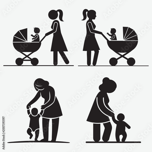Silhouette of mothers pushing strollers and helping their babies learn walk