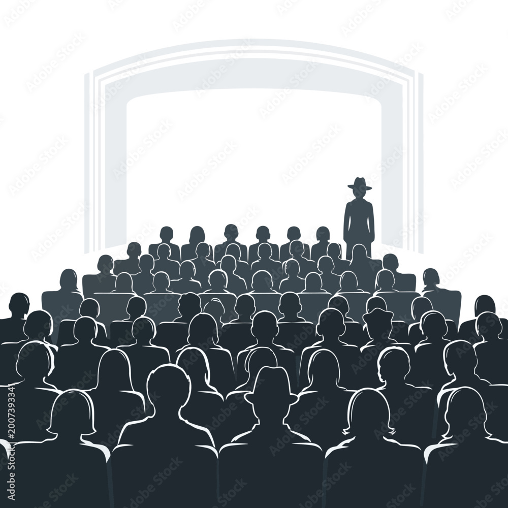 Obraz premium Audience watching presentation on screen, speaker on stage, vector art