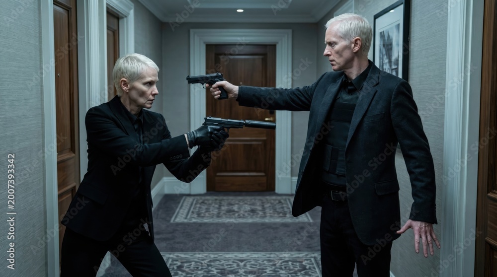 Fototapeta premium Two secret agents point guns at each other. Tension and betrayal. A cinematic standoff.