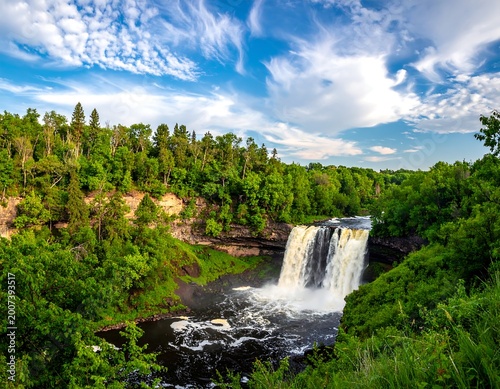 Lush green trees frame a powerful waterfall cascading into dark, churning water