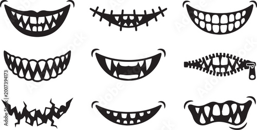 Evil Smile and Scary Mouth Silhouette Icon Set