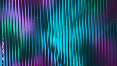 Dark holographic gradient glass with vertical ripple waves, neon cyan purple abstract background, futuristic metallic stripes, glossy distortion texture, modern digital fluid light design.
