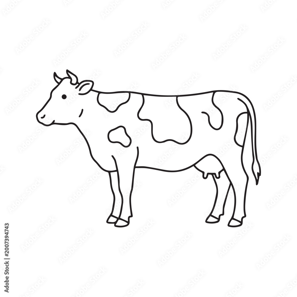 Fototapeta premium Simple line art drawing of a standing dairy cow.