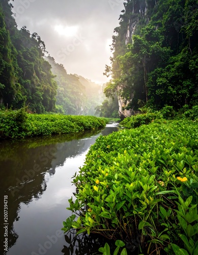 Lush green vegetation lines a serene river flowing through dramatic cliffs