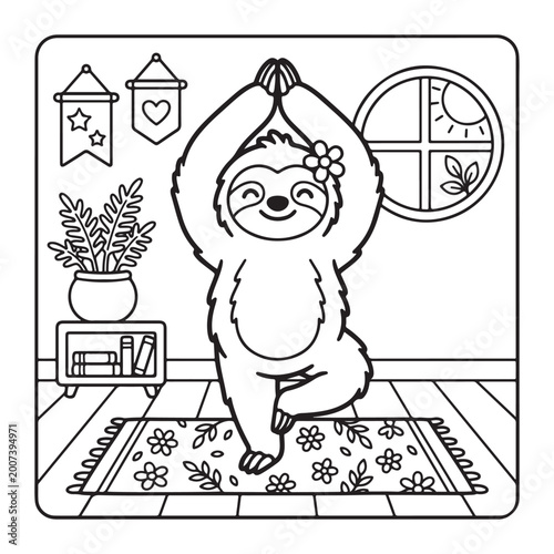 Cute sloth doing yoga coloring page for kids easy fun bold outline simple cartoon design art
