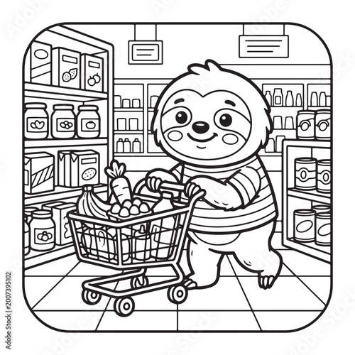 Cute sloth grocery shopping coloring page for kids easy fun bold outline simple cartoon design