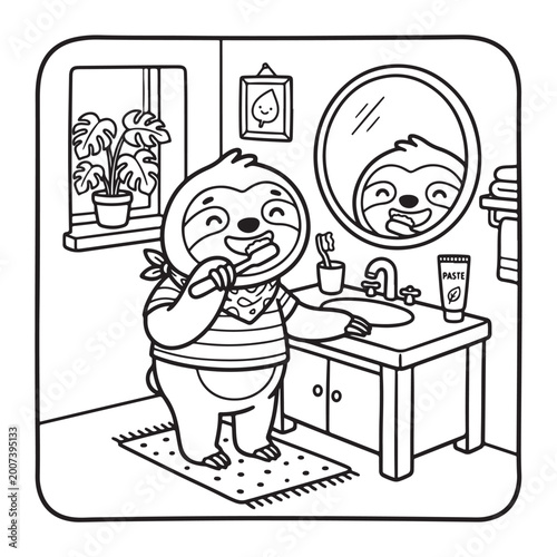 Cute sloth brushing teeth coloring page for kids easy fun bold outline simple cartoon design art