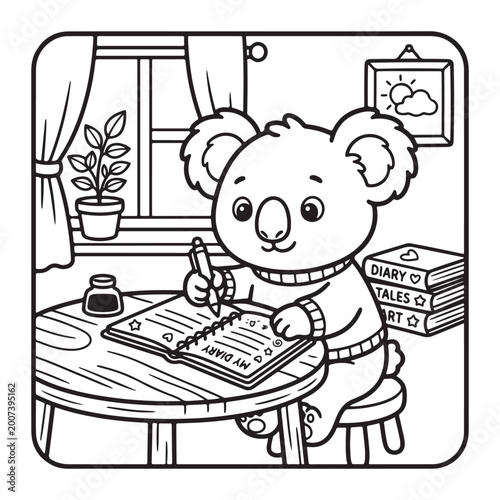 Cute koala writing diary coloring page for kids easy fun bold outline cartoon design art page