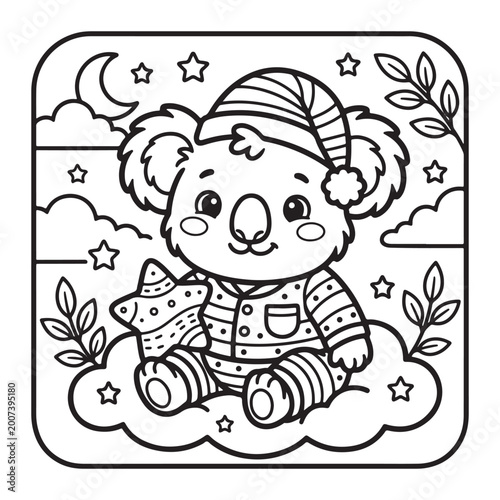 Cute koala wearing pajamas coloring page for kids easy fun bold outline cartoon design art page
