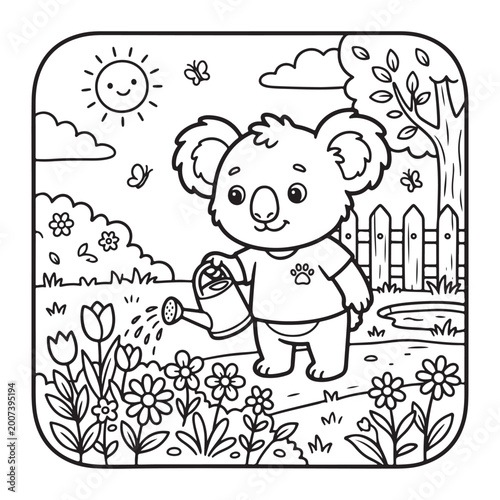 Cute koala watering flowers coloring page for kids easy fun bold outline cartoon design art page