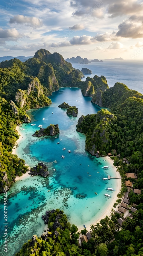 Fototapeta premium Aerial view of a tropical lagoon with crystal-clear turquoise water, lush green islands, and white sand beaches under a dramatic sunset sky. Cinematic composition ideal for travel and nature themes.