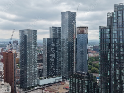 Aerial view of modern skyscrapers in Manchester city centre. Modern architecture Manchester England. 