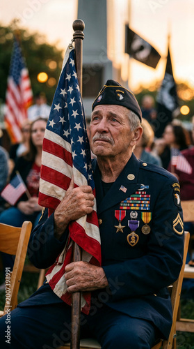 elderly man military veteran holding american flag uniform ceremony american independence day