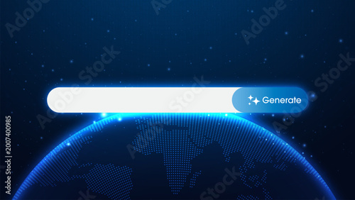 Generative AI and Artificial Intelligence concept. Generate or search bar and a digital world on a futuristic background. Innovative ideas and creative tools. Advanced technology. Vector illustration.