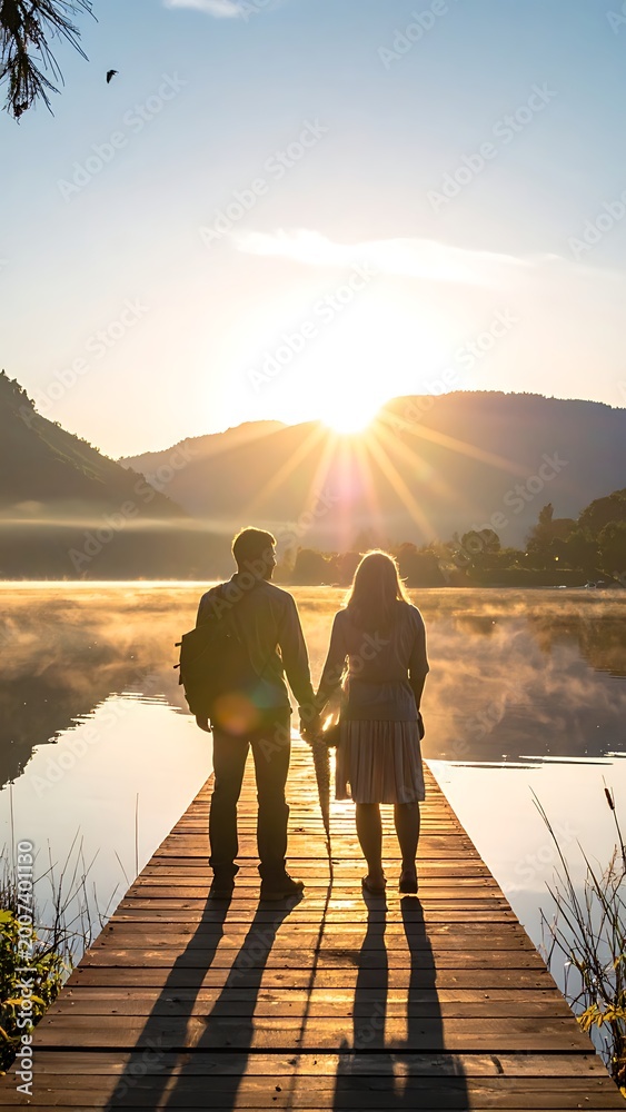 Fototapeta premium Couple walking on wooden dock lake.