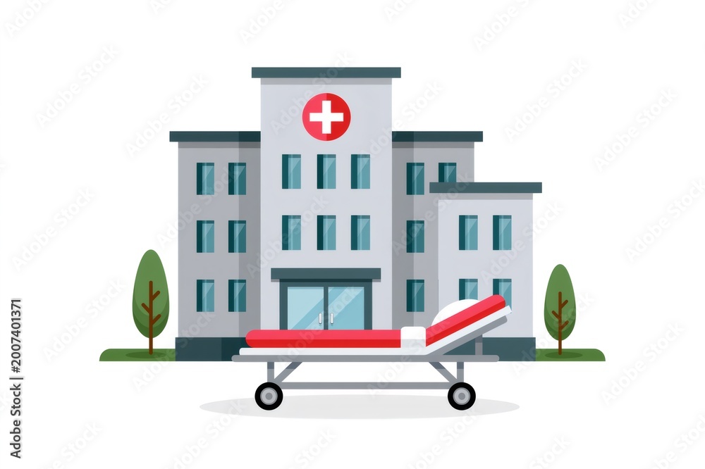Obraz premium Hospital building with red cross and medical stretcher