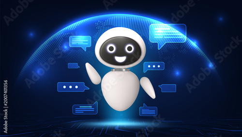 3D robot with a message bubble on a futuristic digital world background. AI assistant. Representing the future of technical support. Chatbot technology and automation service. Vector illustration.