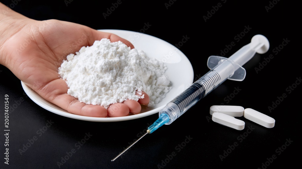 Fototapeta premium Hand holding drug powder with syringe and pills