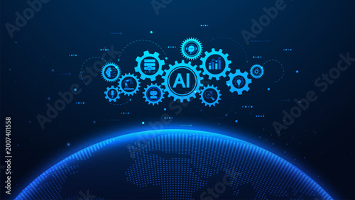 Digital blue globe network with cogwheels and a technology icon. AI adoption for business. Document search and data analysis using an artificial intelligence technology interface. Vector illustration.