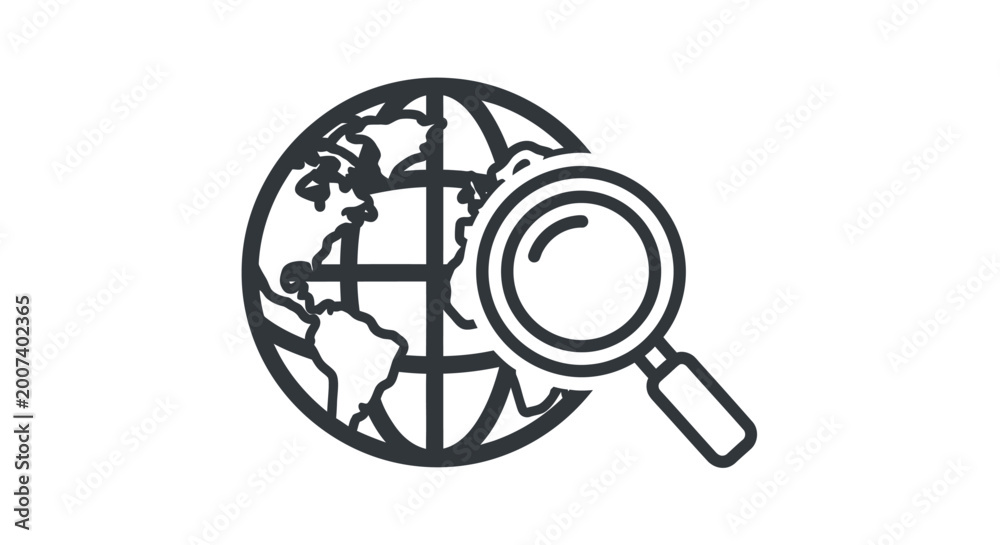 Obraz premium Magnifying glass on a globe icon.