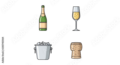 Champagne bottle and wine glass.