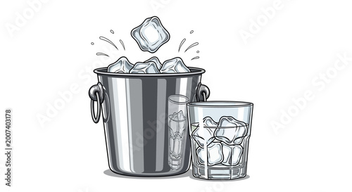 Foto Ice cubes in metal bucket and glass.