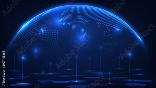 Futuristic 3D digital world map and hexagonal perspective floor on blue background. Globe network and connection data concept. Modern internet network connection technology. Vector illustration.