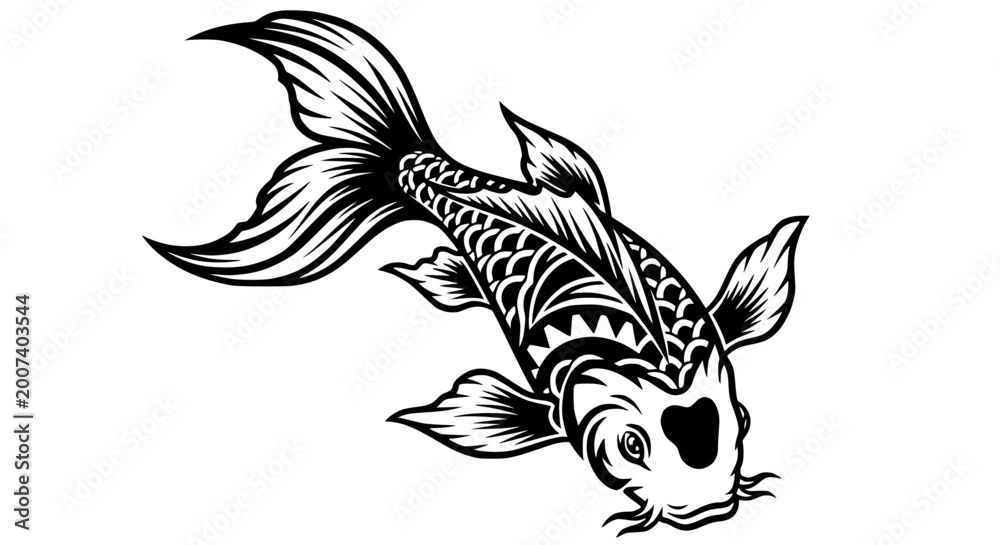 Obraz premium Black and White Koi Fish Tattoo Design Illustration