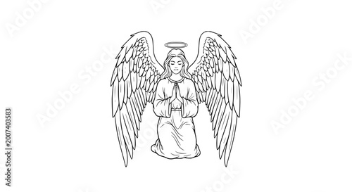Bild auf Leinwand Angel Praying Kneeling With Halo and Wings Outline