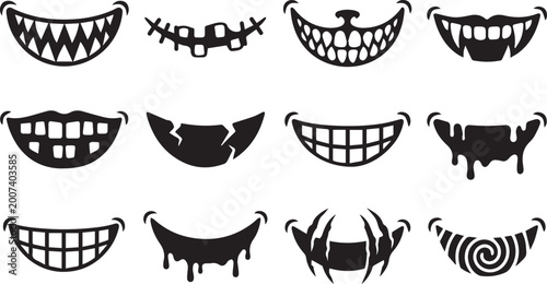 Quadro su tela Halloween Monster Mouth Silhouette Set Spooky Teeth Icons