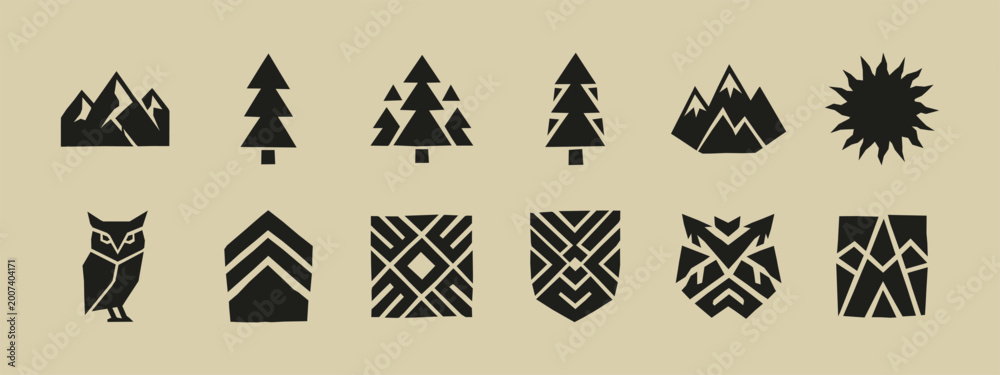 Fototapeta premium Geometric outdoor nature icon set featuring minimalist mountain peaks pine trees owl and sun symbols