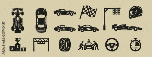 Fotografia Car racing silhouette icons including formula cars checkered flag winners podium