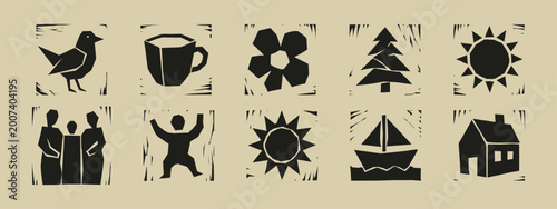 Quadro su tela Black linocut style icons including bird sun tree house and family on tan backgr