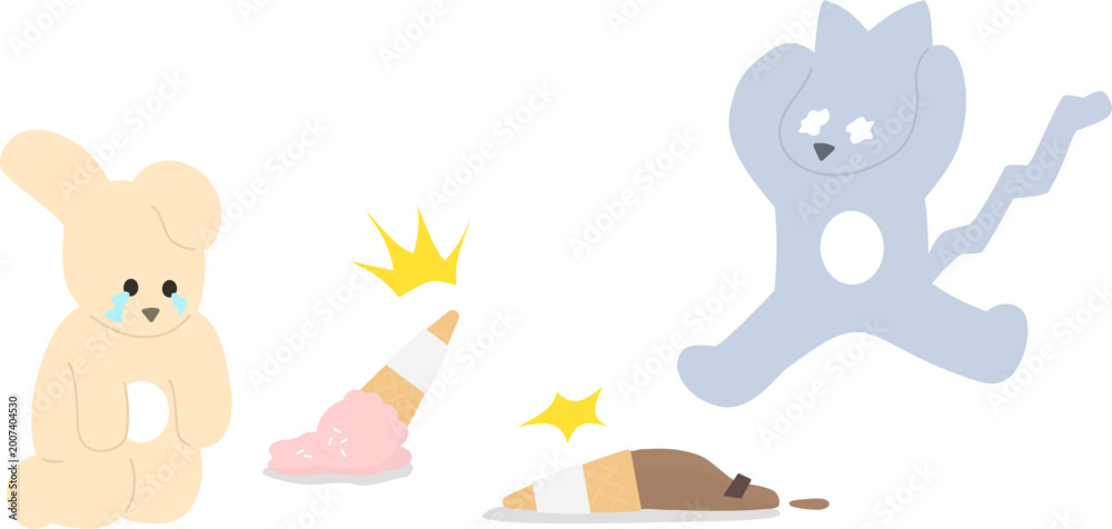 Fototapeta premium Oops! Melting Ice Cream Accident Concept with Adorable Sad Rabbit and Cat, Pastel Summer Dessert Icon Bundle