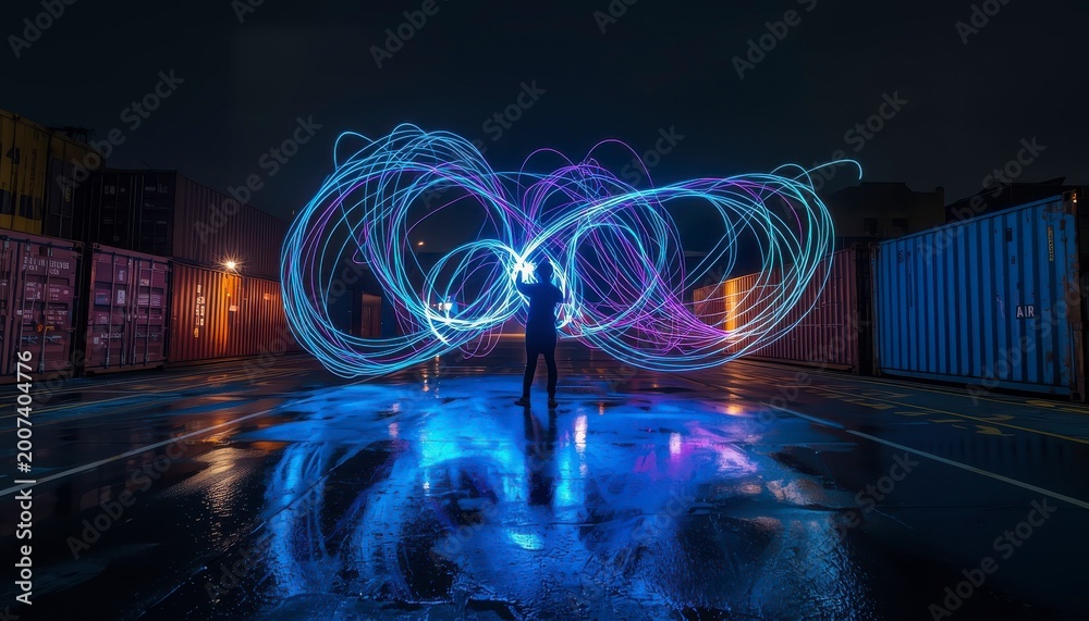 Obraz premium Long Exposure Light Painting of Neon Graffiti in Urban Night City Setting