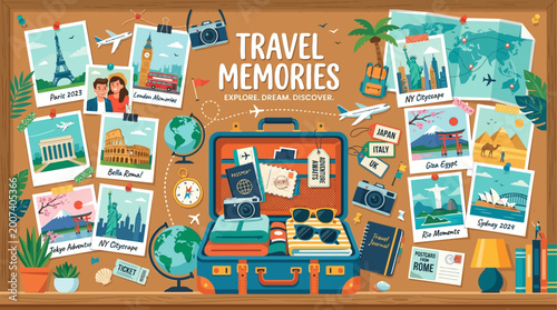 Vibrant travel memories collage with suitcase and polaroids