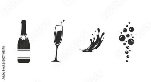 Champagne bottle and glass icons.