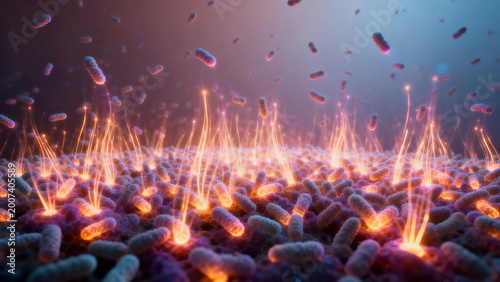 The process of bacterial quorum sensing. In the image, dense bacterial colonies release and receive luminescent chemical signals.