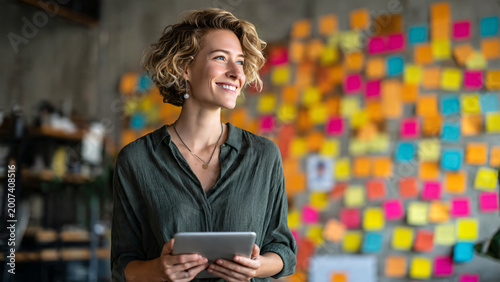 Happy businesswoman, project coordinator or marketing professional standing near a wall covered with colorful sticky notes, holding a tablet device and smiling while reviewing sales results.