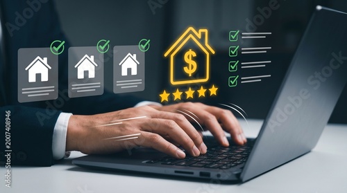 hands typing on laptop with real estate investment holograms and dollar sign icons for financial growth